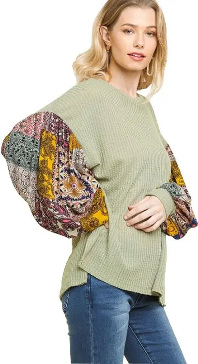 Umgee Sage Paisley Waffle Knit Top Umgee