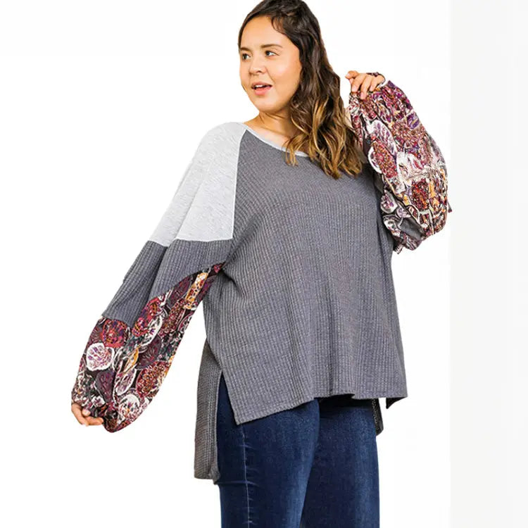 Umgee Waffle Knit Floral Grey Umgee