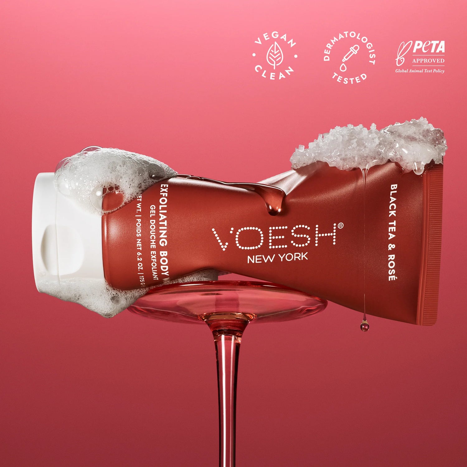 Voesh Exfoliating Body Wash Black Tea & Rosé - Sugar Scrub with Plant-Derived AHAs - 6.2 oz.