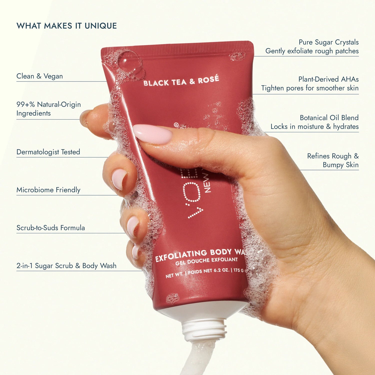 Voesh Exfoliating Body Wash Black Tea & Rosé - Sugar Scrub with Plant-Derived AHAs - 6.2 oz.