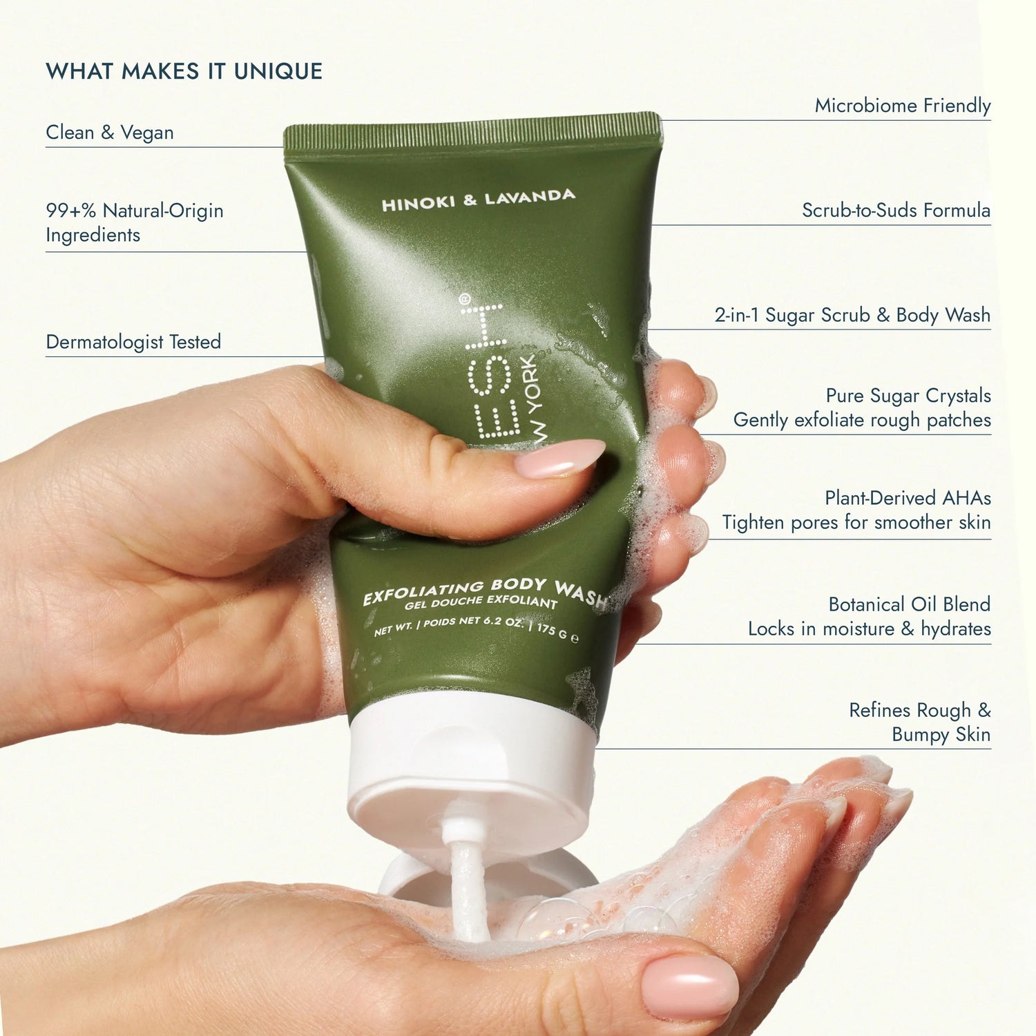 Voesh Exfoliating Body Wash Hinoki & Lavanda - Sugar Scrub with Plant-Derived AHAs - 6.2 oz.