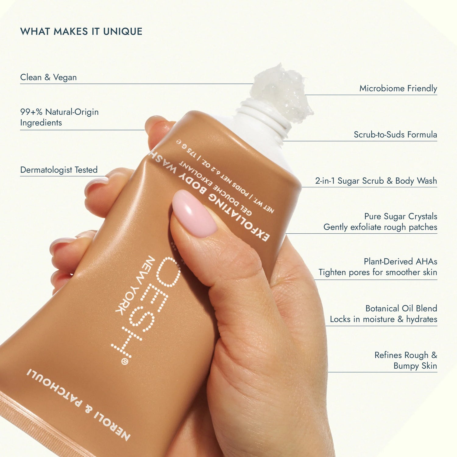 Voesh Exfoliating Body Wash Neroli & Patchouli - Sugar Scrub with Plant-Derived AHAs - 6.2 oz.