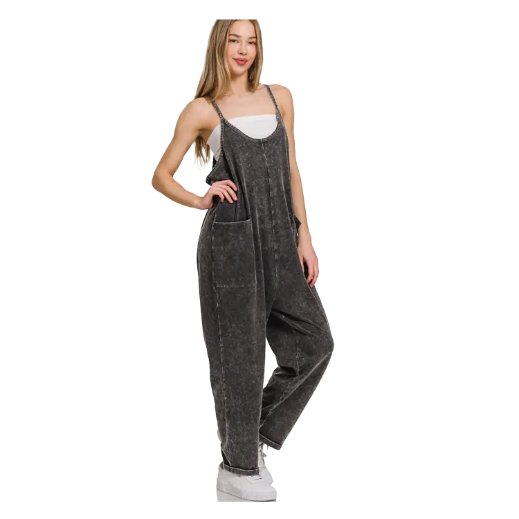 Zenana Acid Wash Overalls with Pockets - Ash Black L/XL Zenana