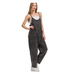 Zenana Acid Wash Overalls with Pockets - Ash Black Zenana