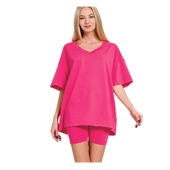 Zenana Cotton V-neck Top & Biker Shorts Hot Pink Zenana