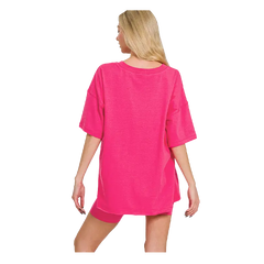 Zenana Cotton V-neck Top & Biker Shorts Hot Pink Zenana