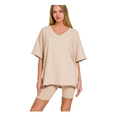 Zenana Cotton V-neck Top & Biker Shorts Sand Beige Zenana