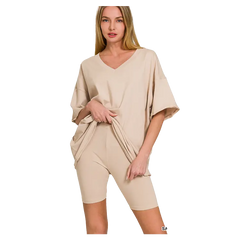 Zenana Cotton V-neck Top & Biker Shorts Sand Beige Zenana
