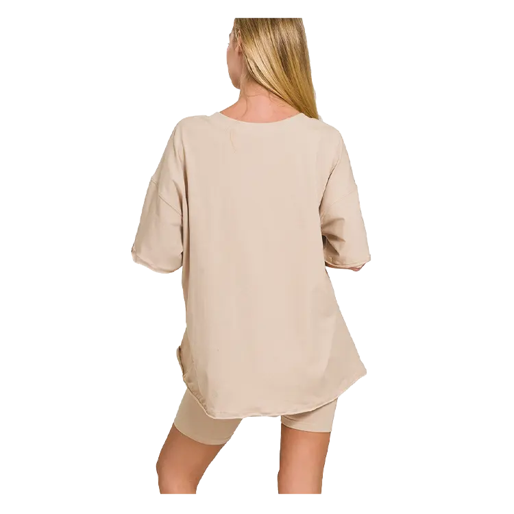 Zenana Cotton V-neck Top & Biker Shorts Sand Beige Zenana