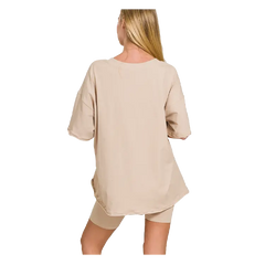 Zenana Cotton V-neck Top & Biker Shorts Sand Beige Zenana