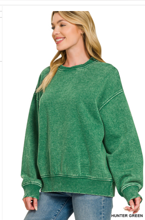 Zenana Pullover Acid Wash Oversized Fleece Pullover - Hunter Green