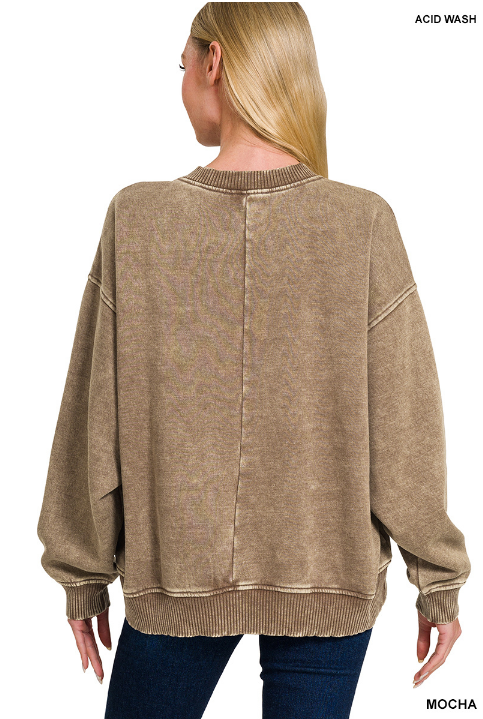 Zenana Pullover Acid Wash Oversized Fleece Pullover - Mocha