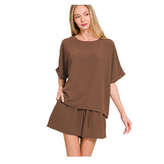 Zenana Apparel Set Airflow Short Sleeve Shirt & Shorts - Brown - PinkPro Beauty Supply