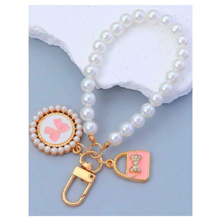 Pearl Beaded Keychain Bag Charm - White & Pink Bows