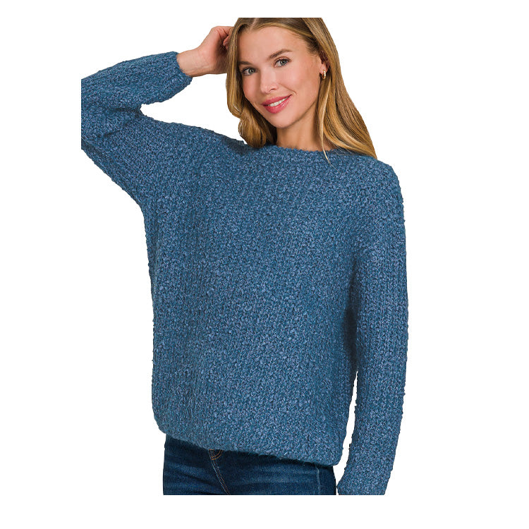 Zenana Brushed Round Neck Sweater - Dusty Blue - PinkPro Beauty Supply
