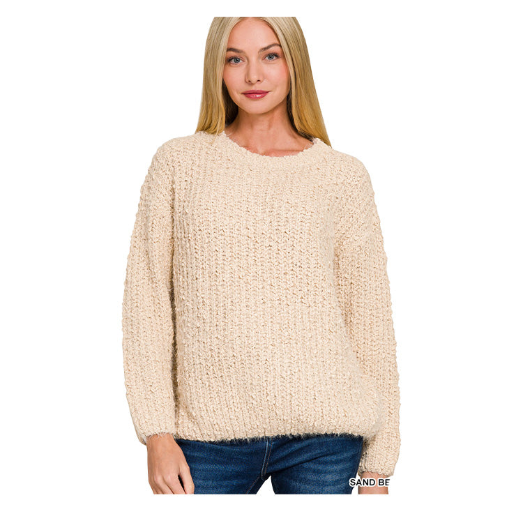 Zenana Brushed Round Neck Sweater - Sand Beige