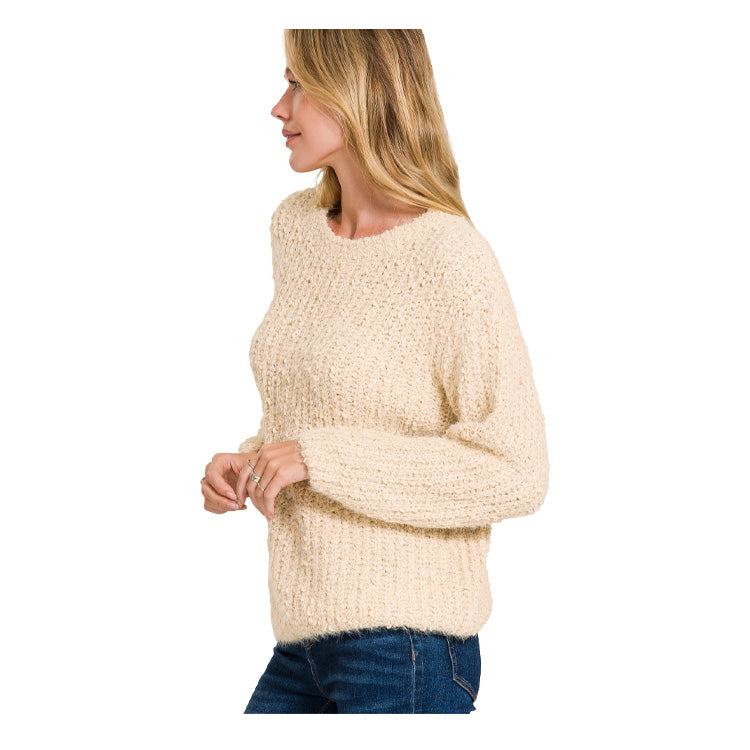 Zenana Brushed Round Neck Sweater - Sand Beige