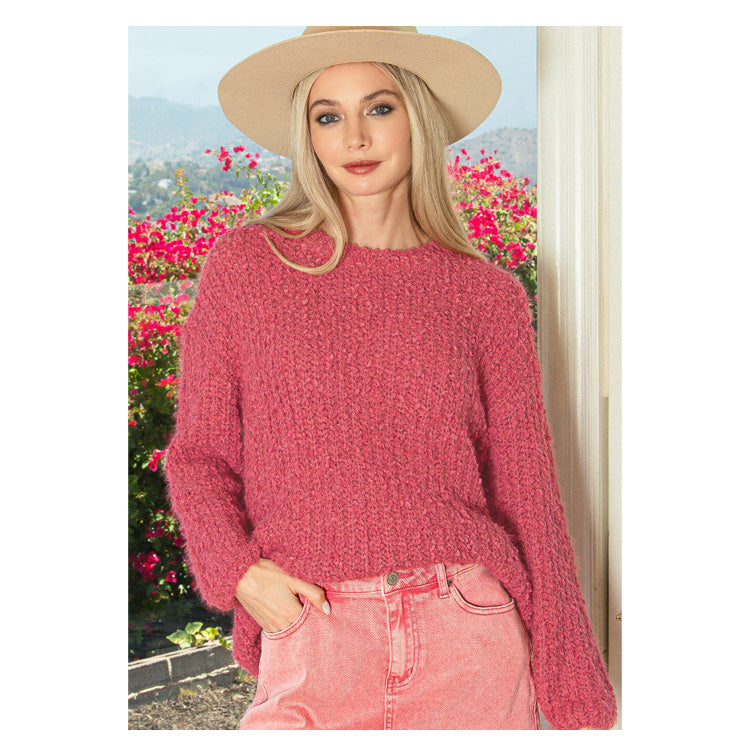 Zenana Brushed Round Neck Sweater - Winter Rose