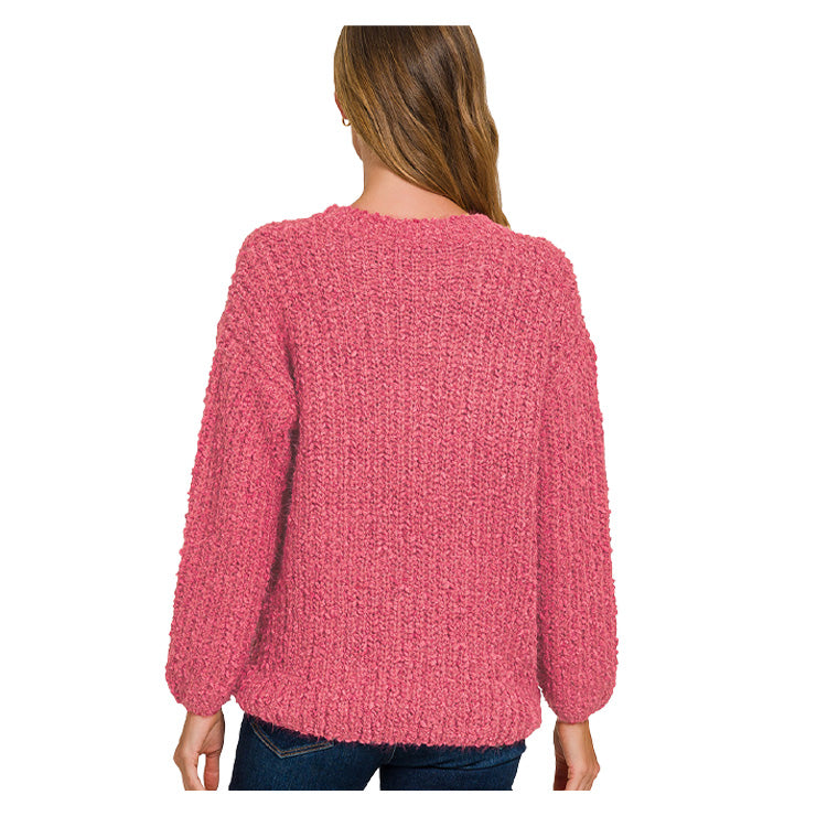 Zenana Brushed Round Neck Sweater - Winter Rose