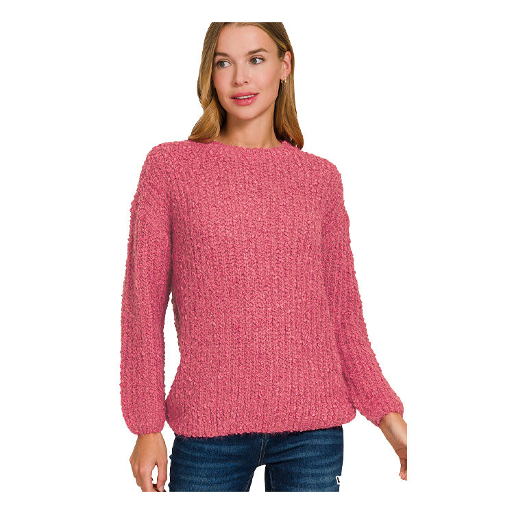 Zenana Brushed Round Neck Sweater - Winter Rose