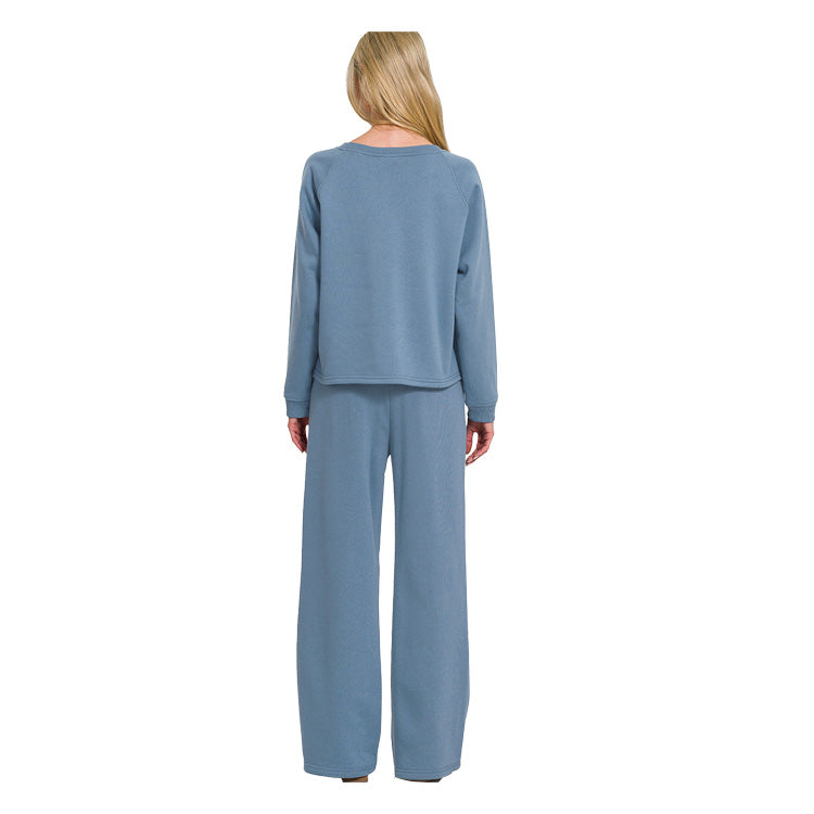 Zenana Fleece Raglan Pullover/Sweatpants Set - Dusty Blue