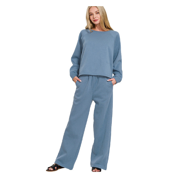 Zenana Fleece Raglan Pullover/Sweatpants Set - Dusty Blue