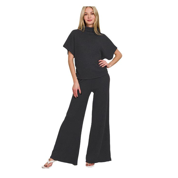 Zenana Sweater Mock Neck Short Sleeve Top/Pants Set Black