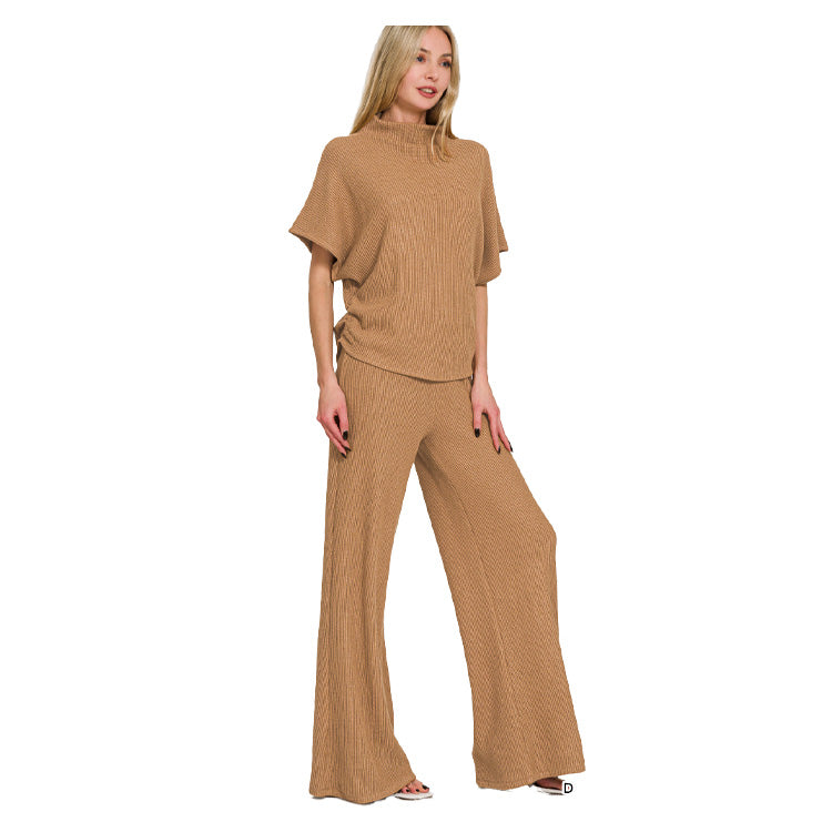 Zenana Sweater Mock Neck Short Sleeve Top/Pants Set Camel
