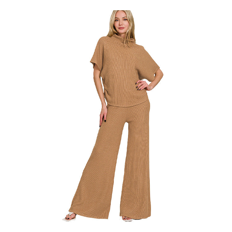 Zenana Sweater Mock Neck Short Sleeve Top/Pants Set Camel