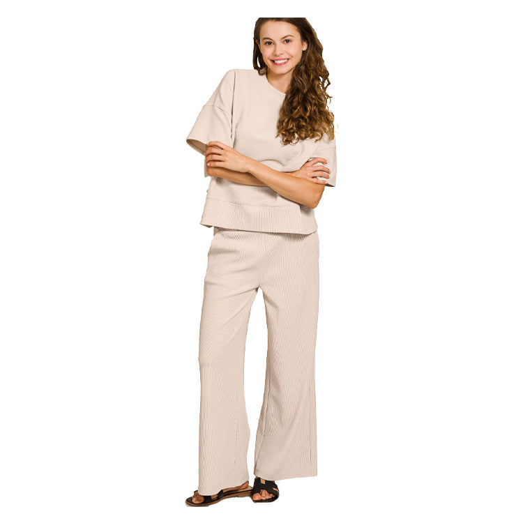 Zenana Ribbed Round Neck Tee & Pants Set - Sand Beige