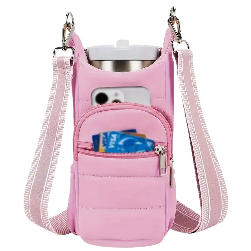 Crossbody Water Bottle Bag with Adjustable Strap - Pink