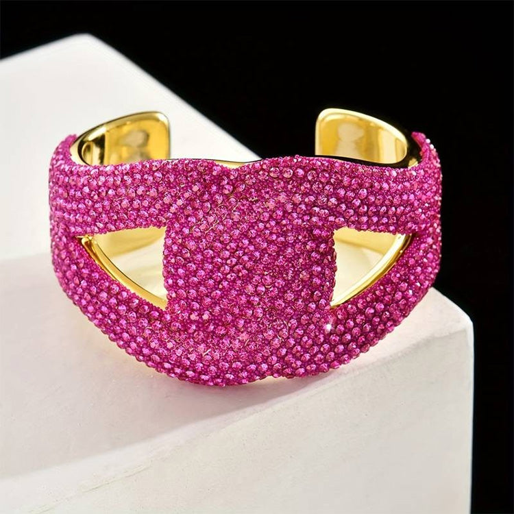 Bold Rhinestone Open Cuff Bracelet - Rose Red