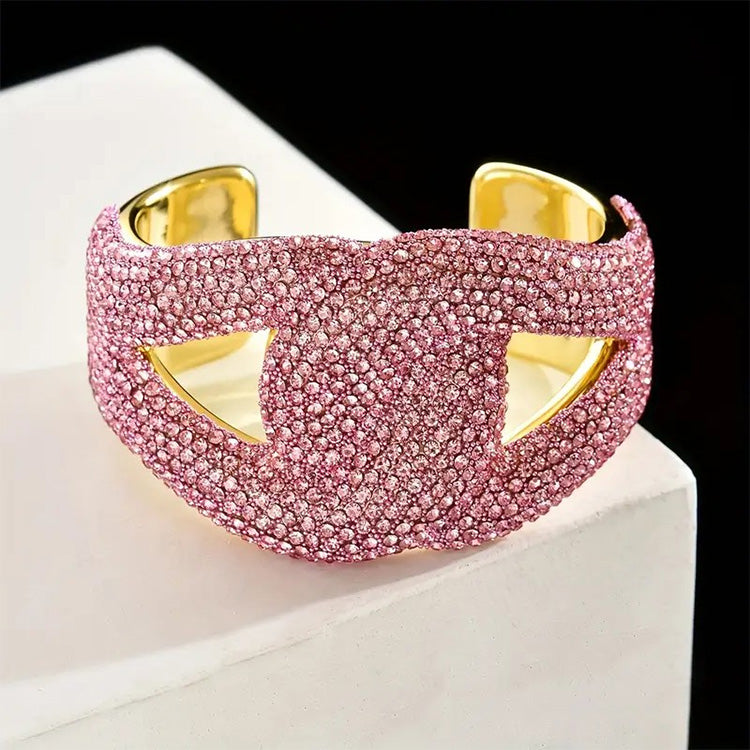 Bold Rhinestone Open Cuff Bracelet - Pink