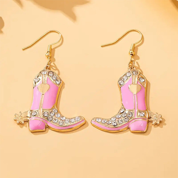 Pink Rhinestone Cowboy Boot Dangle Earrings