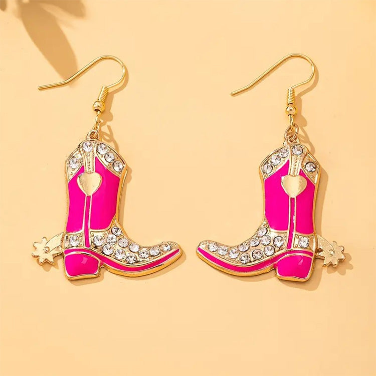 Rose Red Rhinestone Cowboy Boot Dangle Earrings