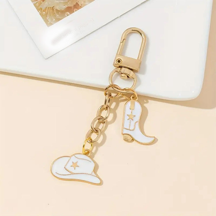 Western Cowboy Hat & Boot Keychain - White Enamel Gold-Tone