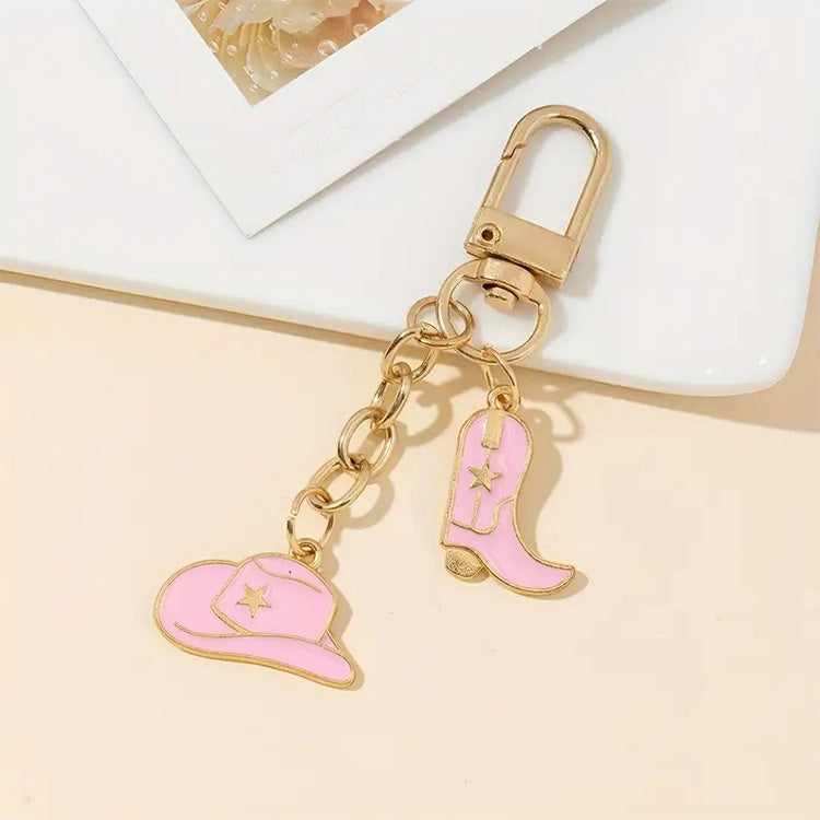 Western Cowboy Hat & Boot Keychain - Pink Enamel Gold-Tone