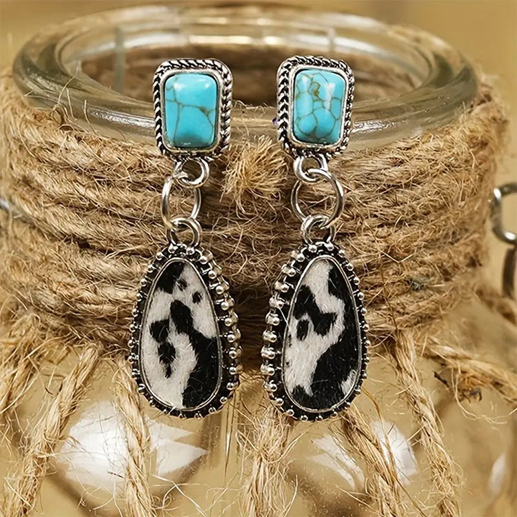 Vintage Cow Print Teardrop Earrings with Turquoise Accent