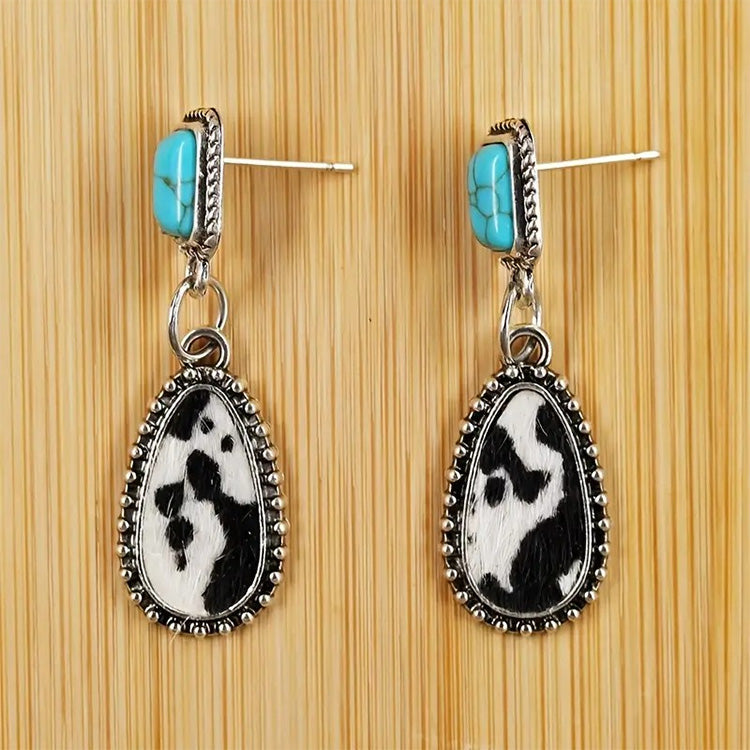 Vintage Cow Print Teardrop Earrings with Turquoise Accent