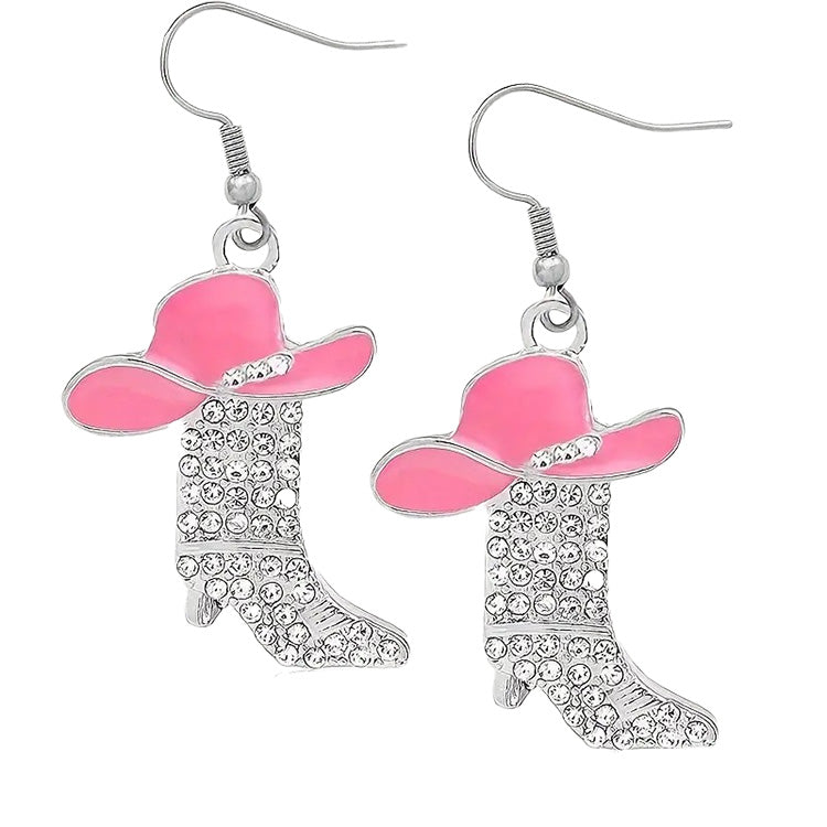 Rhinestone Cowgirl Boot & Hat Dangle Earrings - Pink