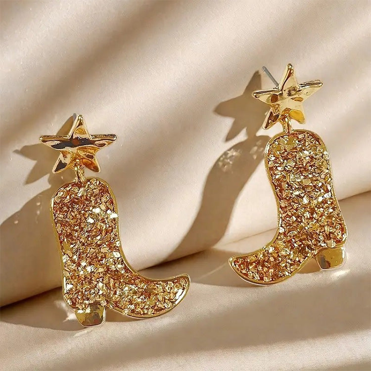 Gold Glitter Cowboy Boot Star Earrings