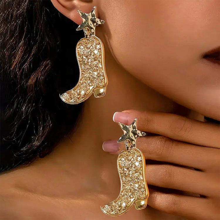 Gold Glitter Cowboy Boot Star Earrings