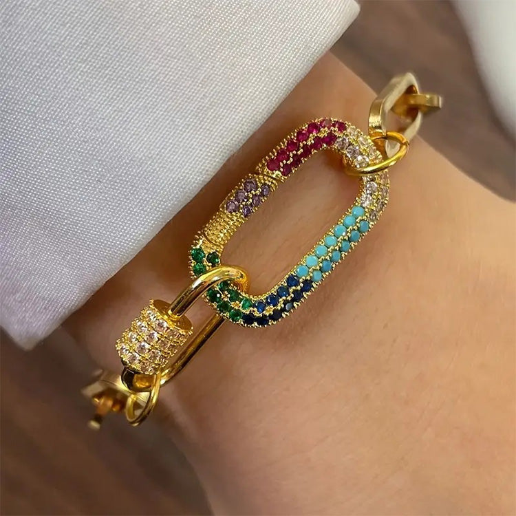 Elongated Oval Double Buckle Chain Bracelet with Rainbow