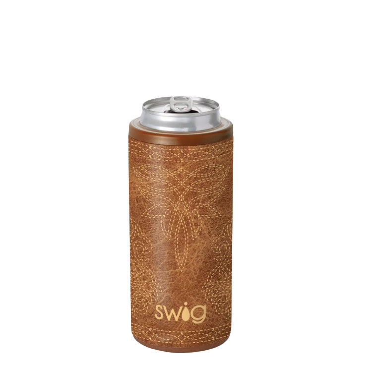 Swig Life Skinny Can Cooler 12 oz. Saddle Stitch Cognac