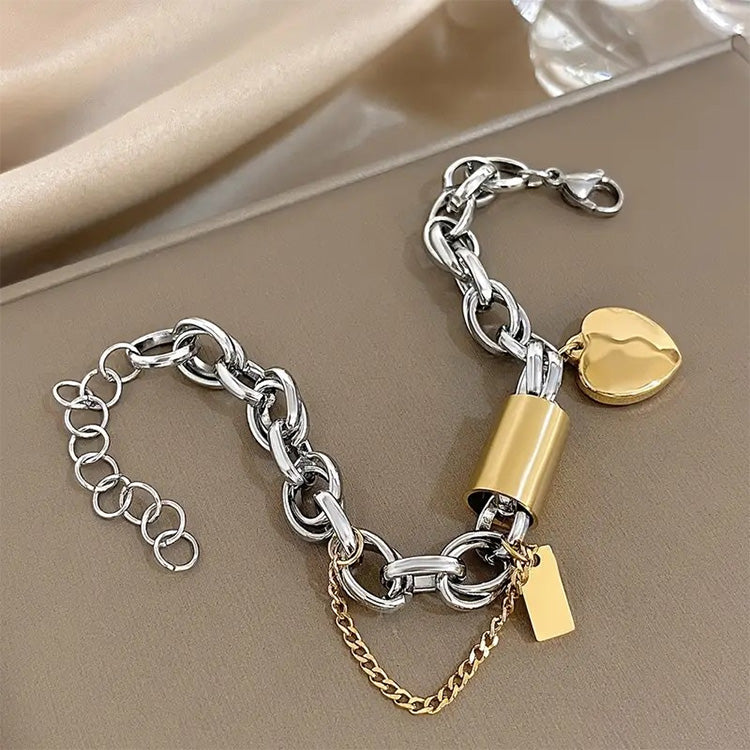 Chunky Two-Tone Heart Charm Bracelet - Gold & Silver Chain