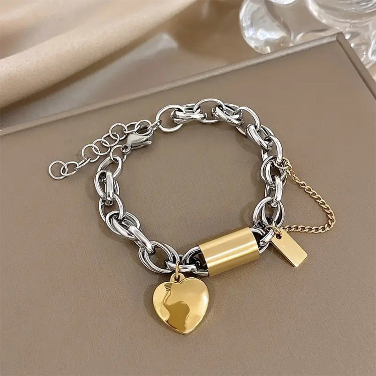 Chunky Two-Tone Heart Charm Bracelet - Gold & Silver Chain