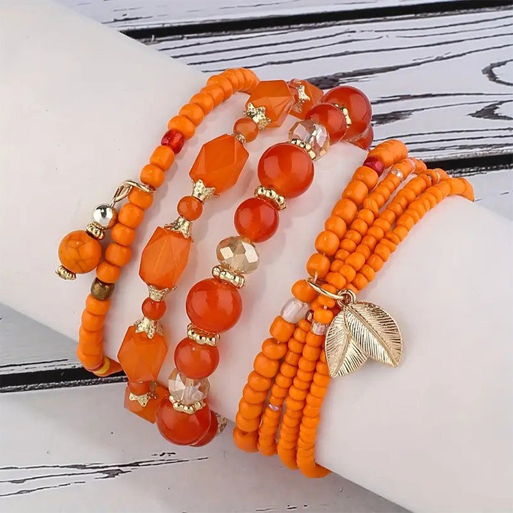 Bohemian Orange Beaded Stretch Bracelet with Goldtone