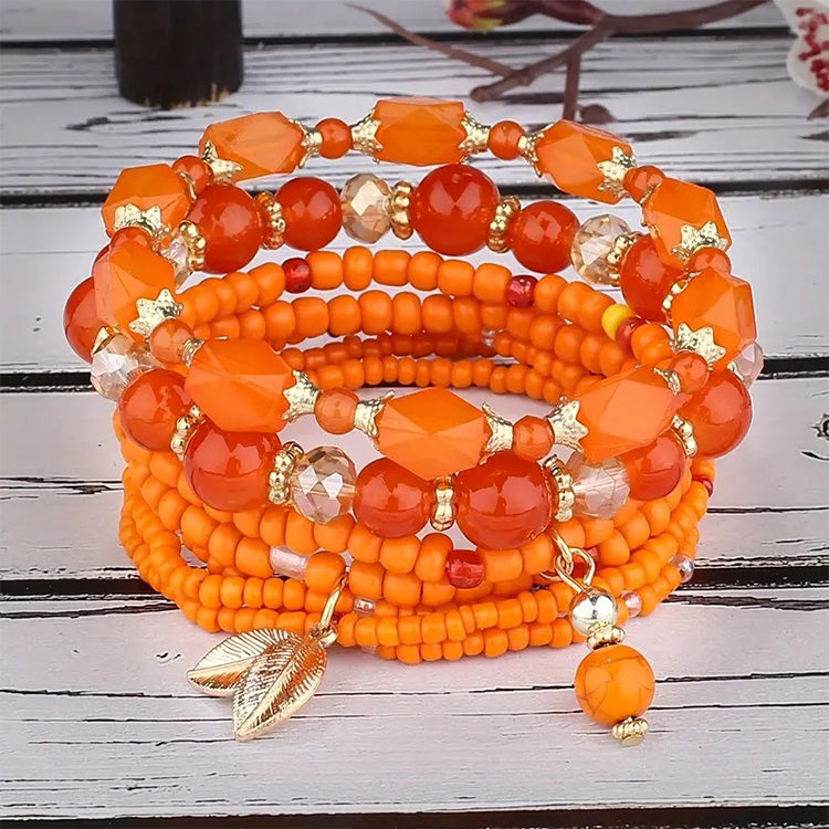 Bohemian Orange Beaded Stretch Bracelet with Goldtone