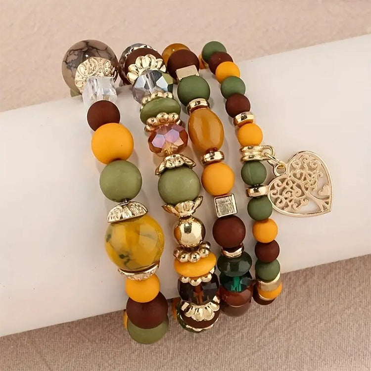 Fall Beaded Stretch Bracelet with Heart Charm 4 Piece Set