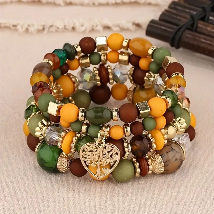 Fall Beaded Stretch Bracelet with Heart Charm 4 Piece Set